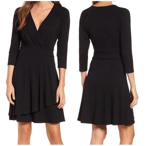 New Karen Kane Faux Wrap Drape Front Dress 3/4 Sleeve Career Office Black Sz M - Picture 1 of 13